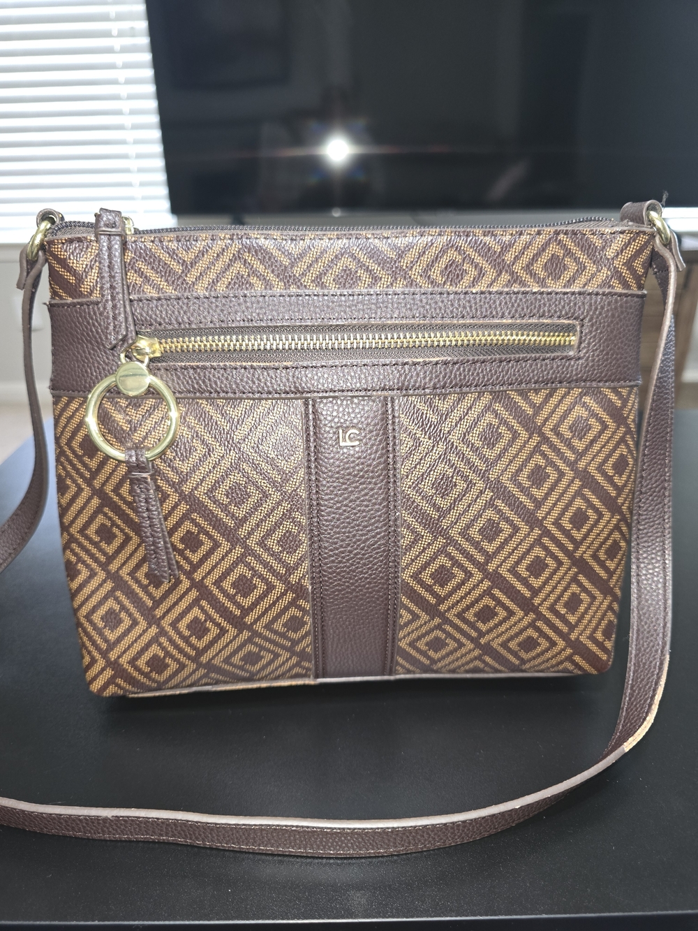 Liz Claiborne Brown Geometric Print Crossbody Bag